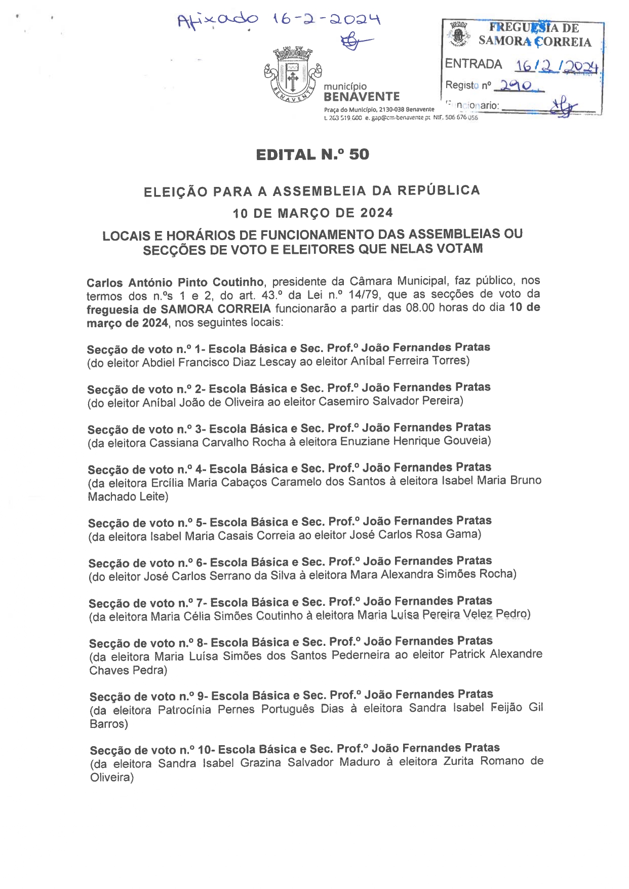 Notícia Edital Nº50 - CMB - Eleição Para a Assembleia da República