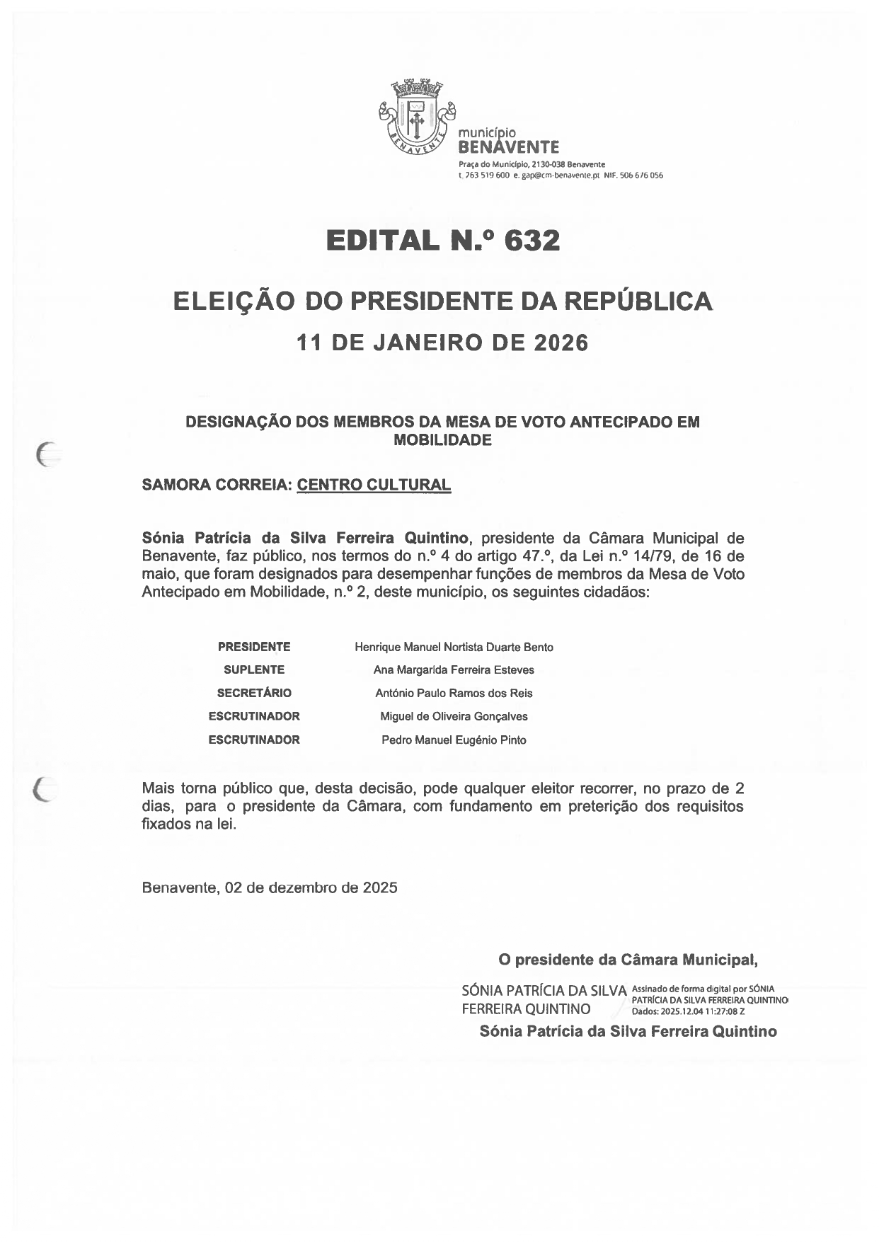 Imagem Edital Nº 632 - Eleição do Presidente da República - Designação dos Membros da Mesa de Voto Antecipado em Mobilidade