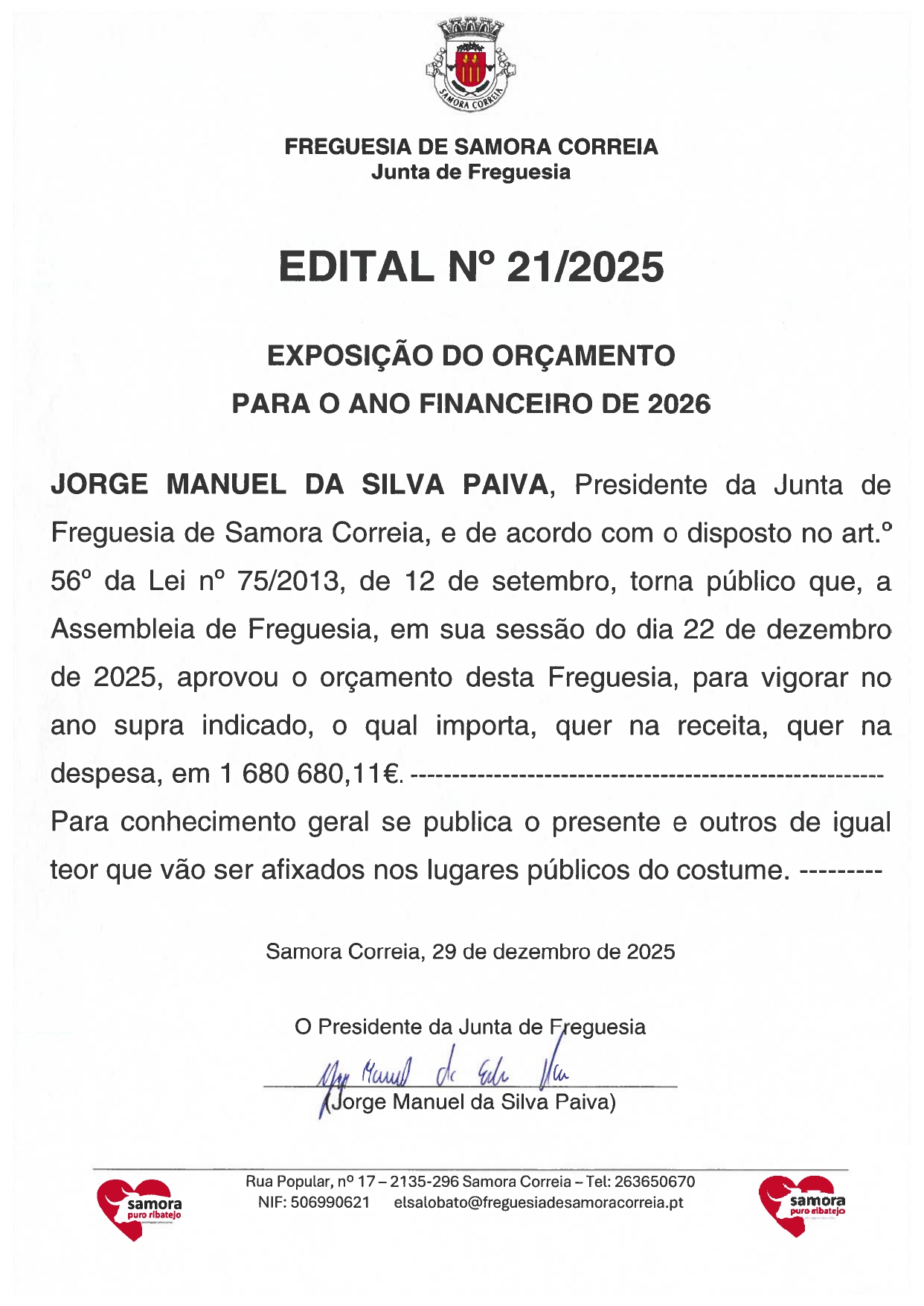 Imagem Edital Nº21/2025 - Exposição do Orçamento Para o Ano Financeiro de 2026