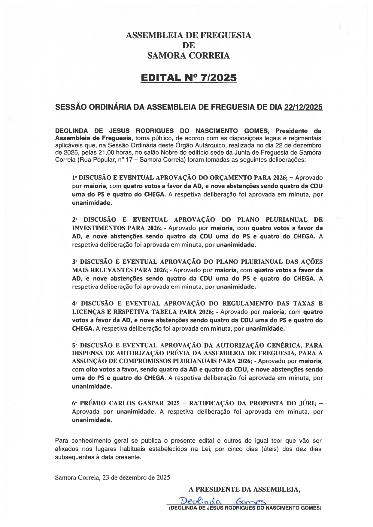 Imagem Edital Nº 07/2025 - Assembleia de Freguesia de Samora Correia