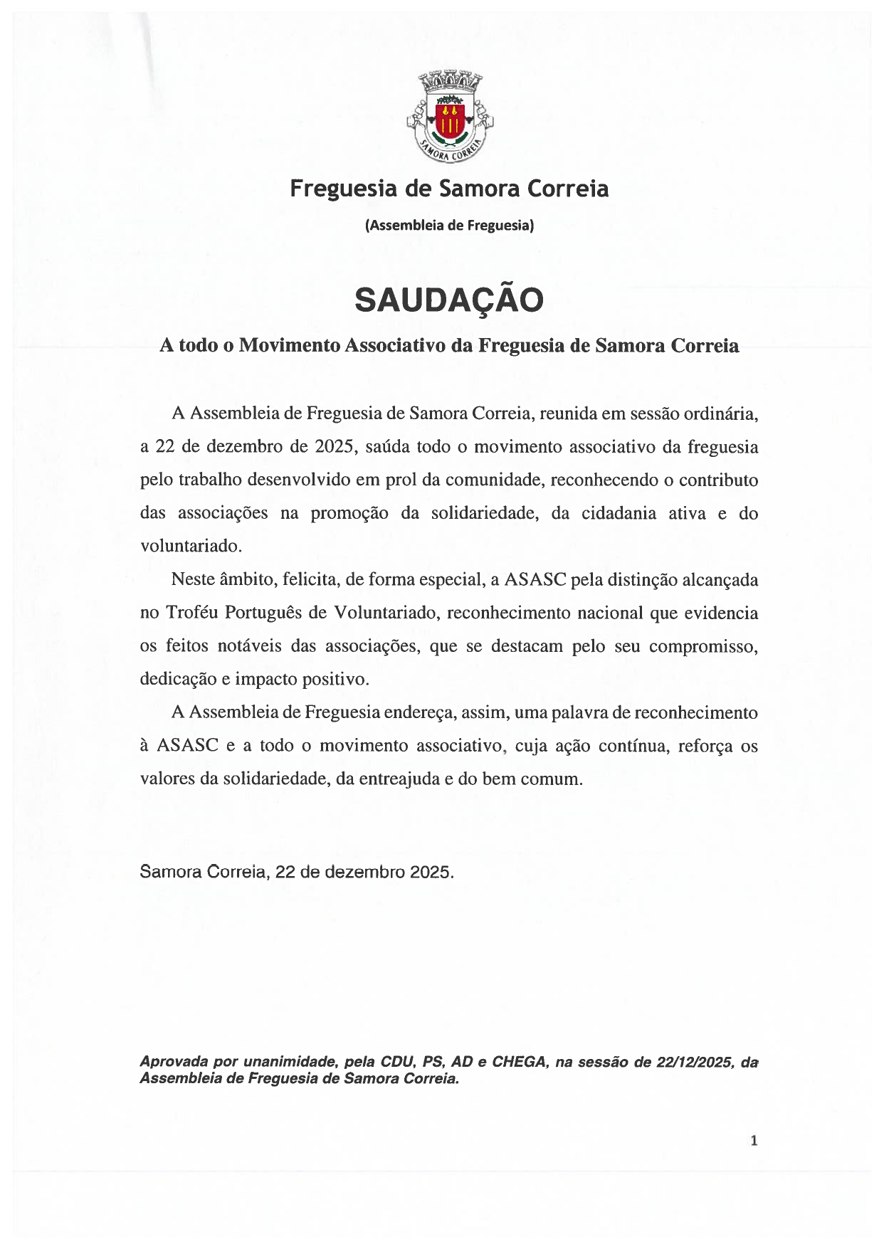 Imagem Saudação - Movimento Associativo da Freguesia de Samora Correia