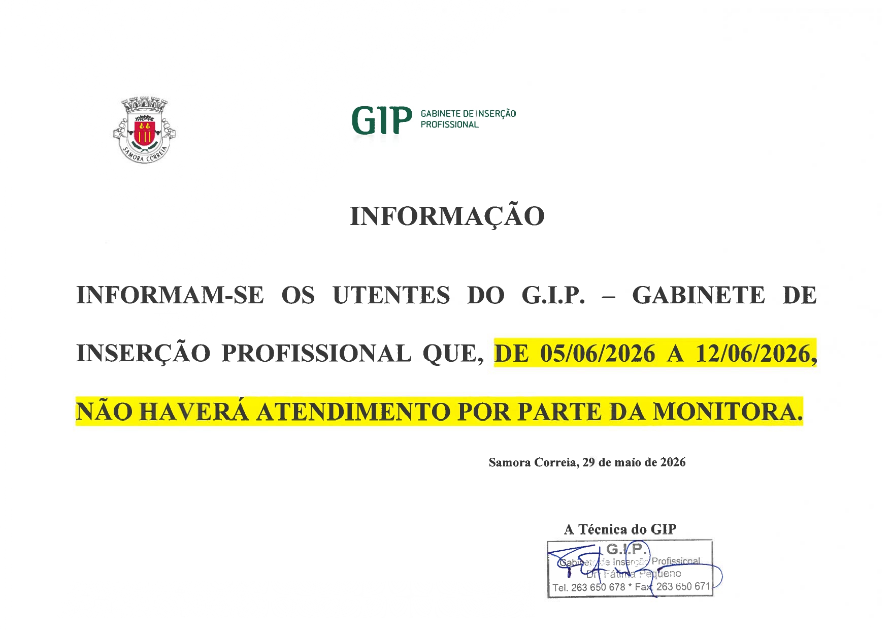 Notícia Encerramento do Serviço - Férias GIP