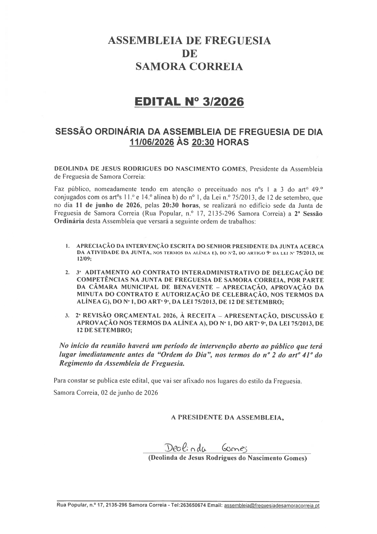 Notícia Edital 03/2026 - Assembleia de Freguesia