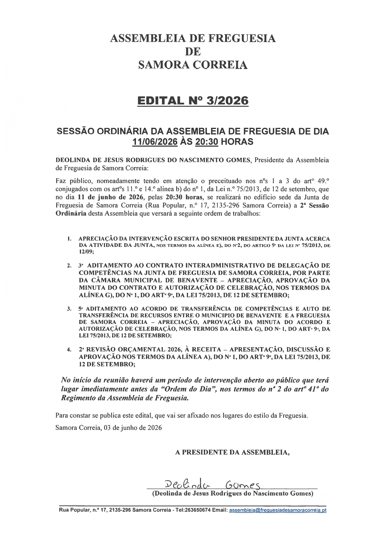 Notícia Edital 03/2026 - Assembleia de Freguesia