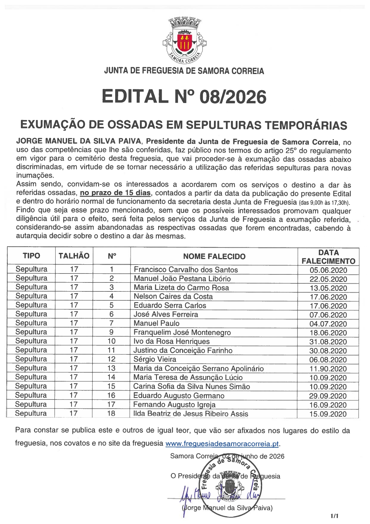 Notícia Edital 08/2026 - Exumação de Ossadas em Sepulturas Temporárias
