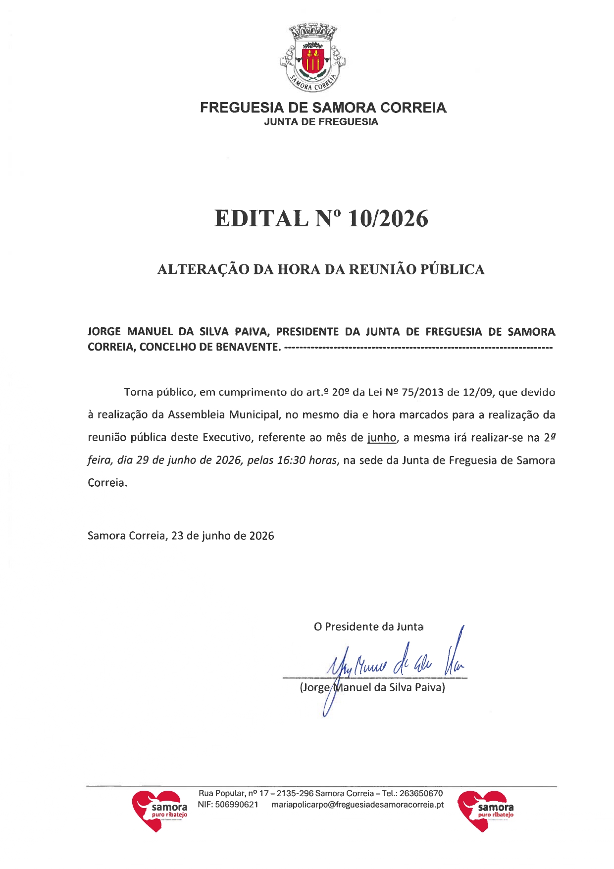 Notícia Edital Nº 10/2026 - Reunião Pública do Executivo - Alteração de Horário