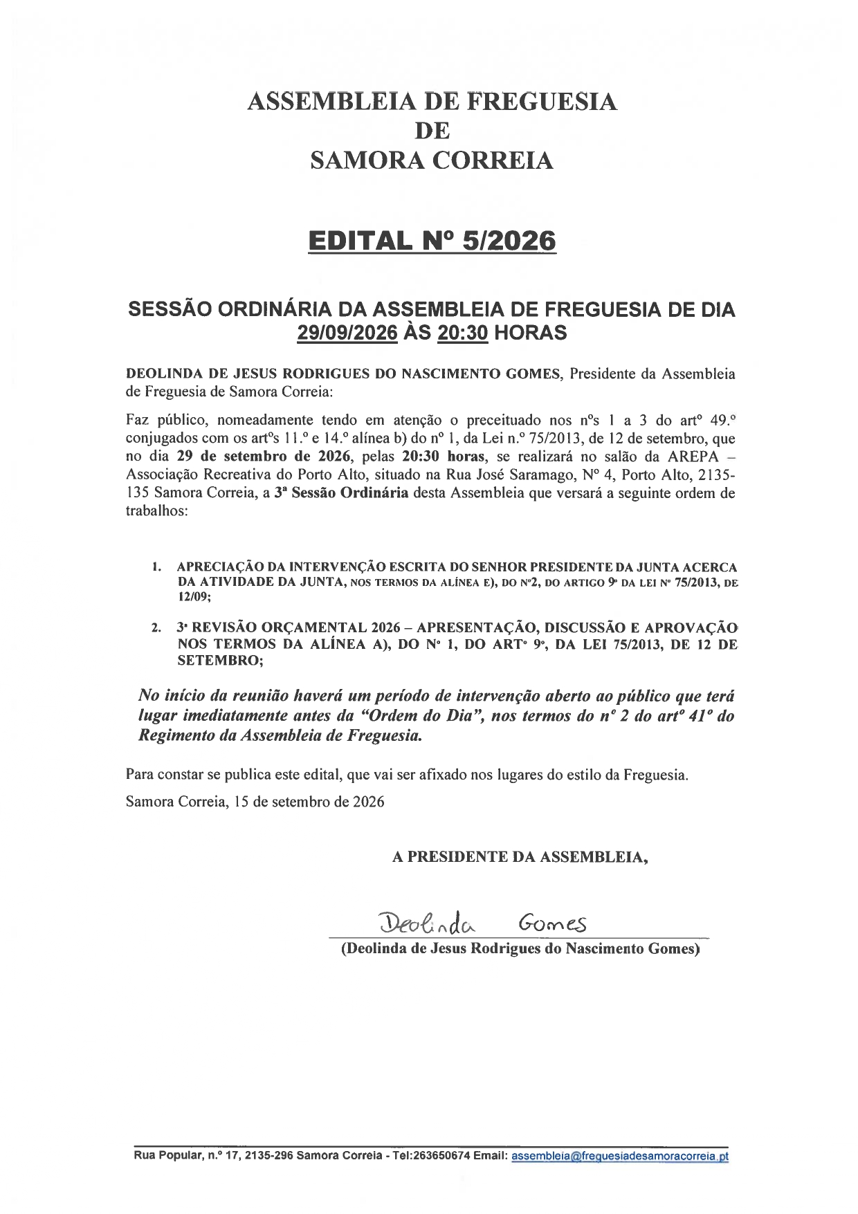 Notícia Edital 05/2026 - Assembleia de Freguesia