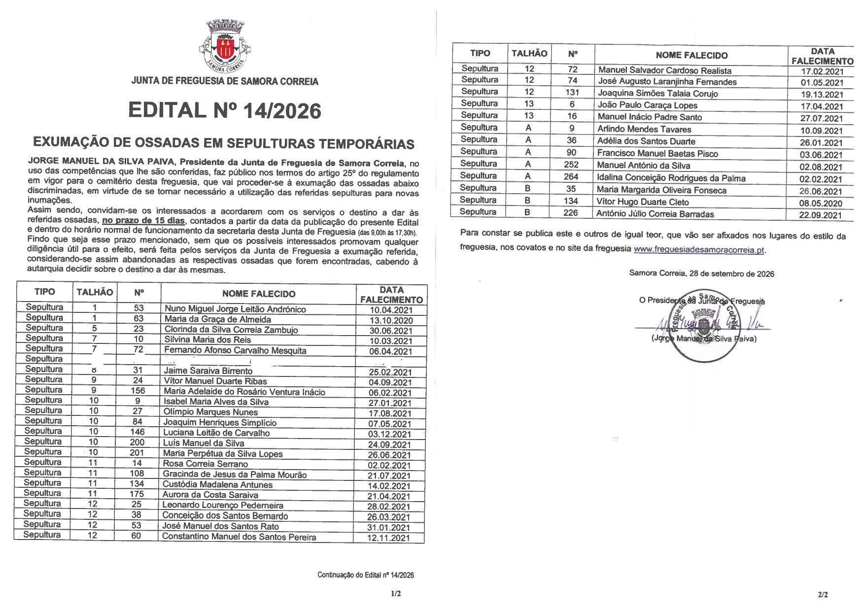 Notícia Edital Nº 14/2026 - Exumação de Ossadas Em Sepulturas Temporárias