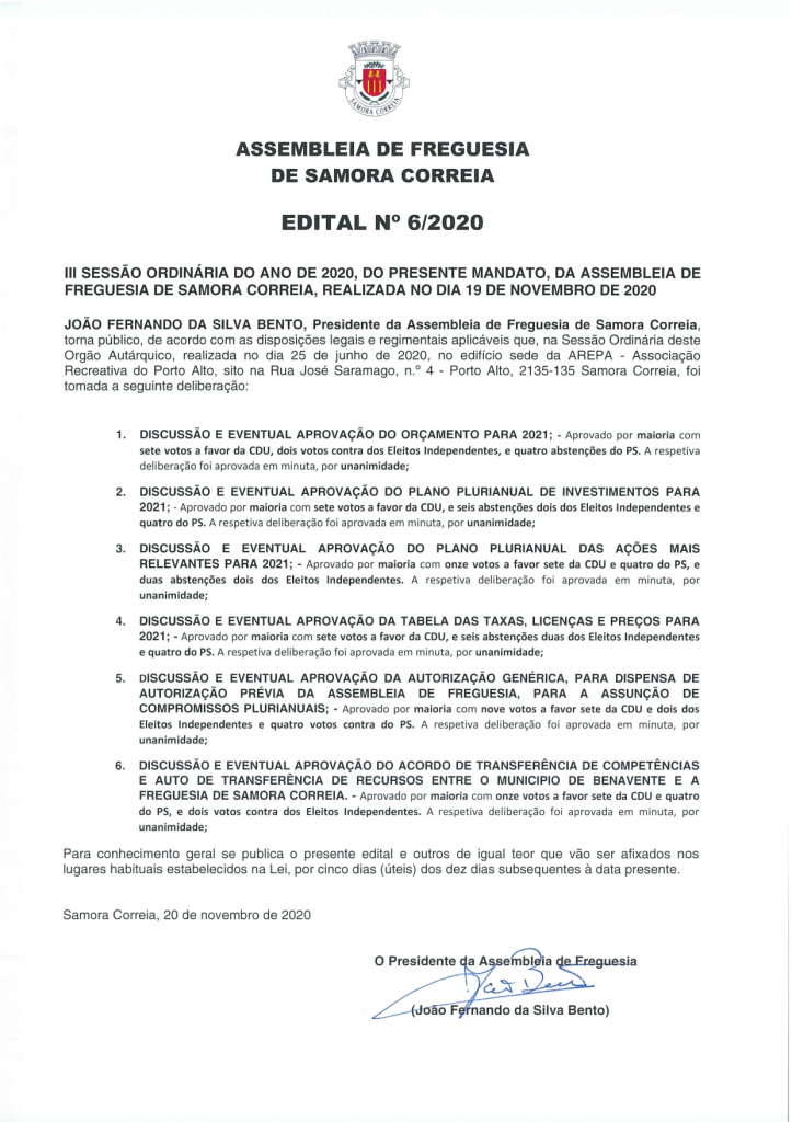 Imagem Edital Nº 06/2020 - Assembleia de Freguesia