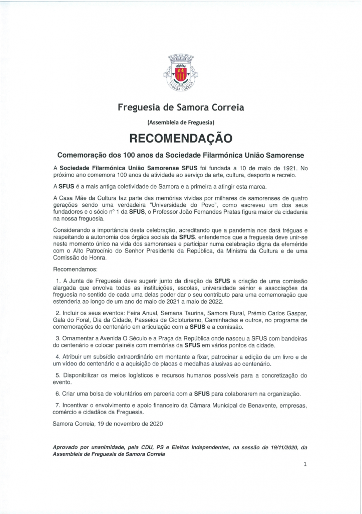 Imagem Recomendação - Comemoração dos 100 anos da Sociedade Filarmónica União Samorense