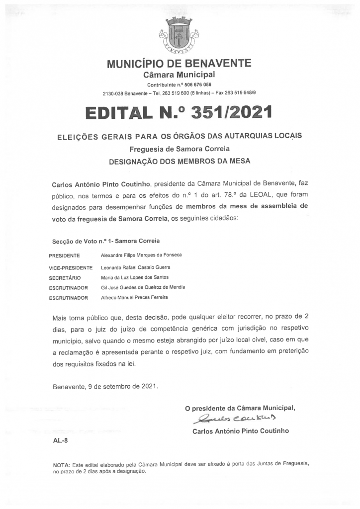 Imagem Edital N.º 351/2021 - CMB - Eleições Gerais Para os Órgãos das Autarquias Locais (Designação dos Membros da Mesa) 