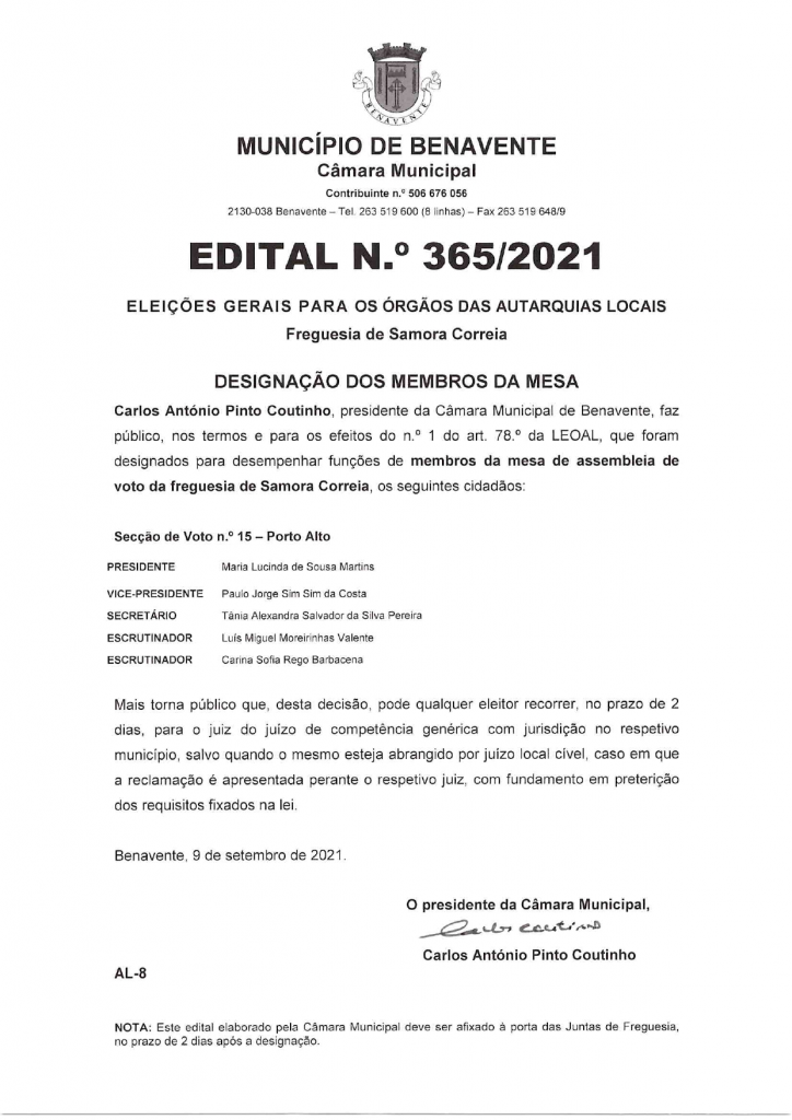 Imagem Edital N.º 365/2021 - CMB - Eleições Gerais Para os Órgãos das Autarquias Locais (Designação dos Membros da Mesa)