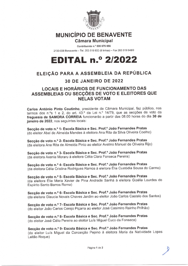 Imagem Edital N.º 2/2022 - CMB - Eleição da Assembleia da República